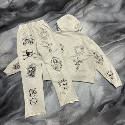N.O.D.A Grey Last Prayer Zip Up Hoodie/Sweatpants Set (S)