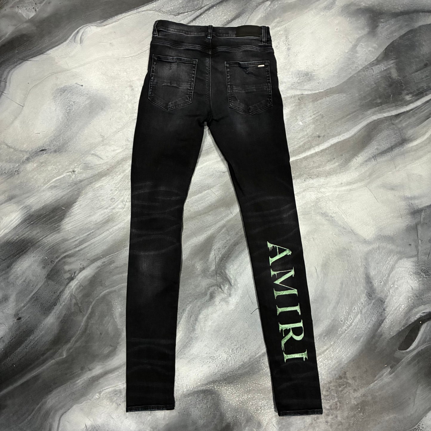 Amiri Black/Green AM Logo Paint Drip Jean (30)