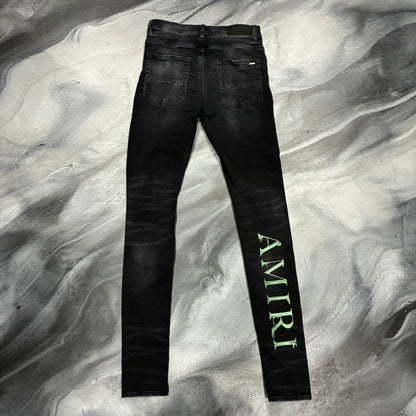 Amiri Black/Green AM Logo Paint Drip Jean (30)