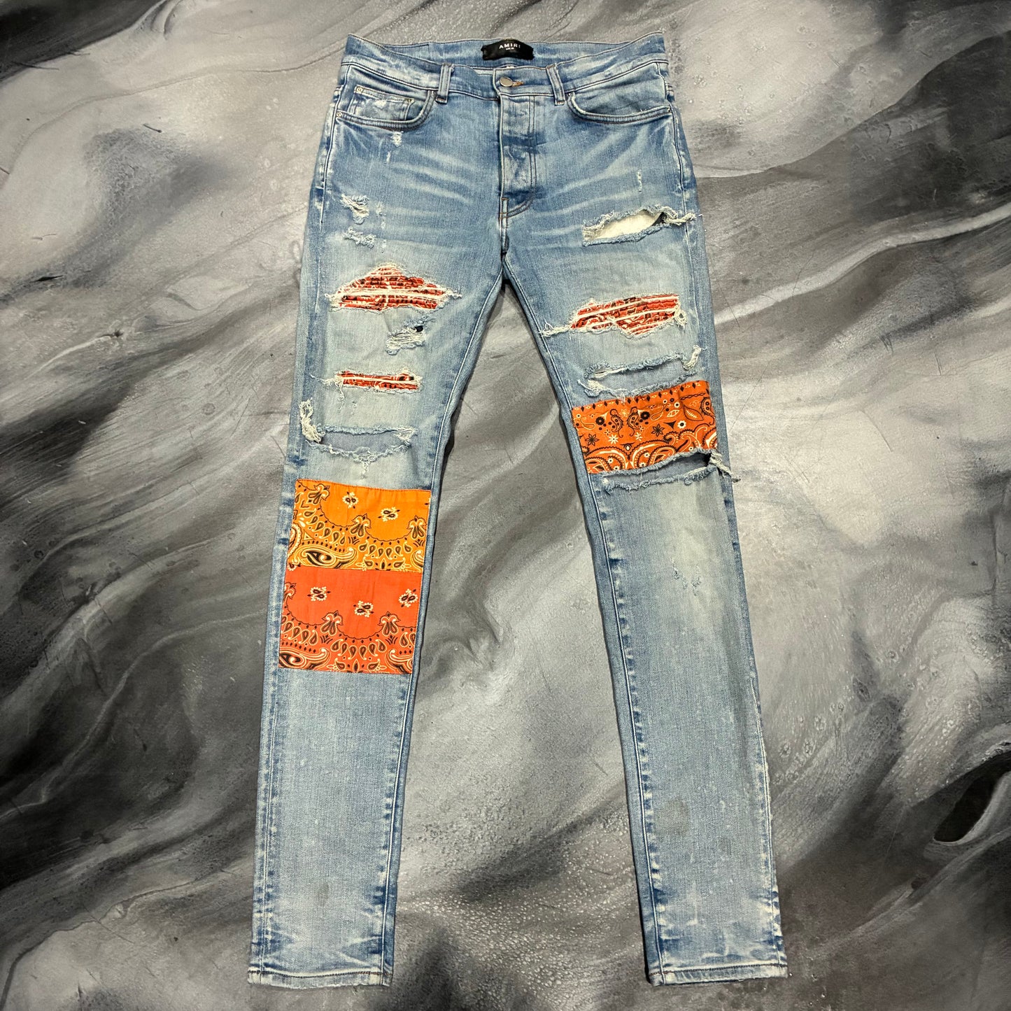 Amiri Light Blue/Orange Bandana Art Patch Jean (30)