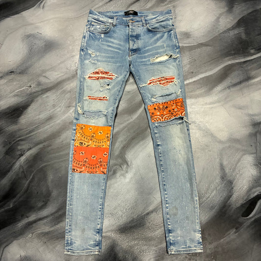 Amiri Light Blue/Orange Bandana Art Patch Jean (30)
