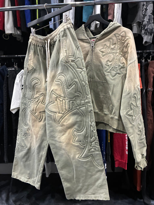 Vale Bleached Grey Crosses Hoodie/Joggers Set (L)