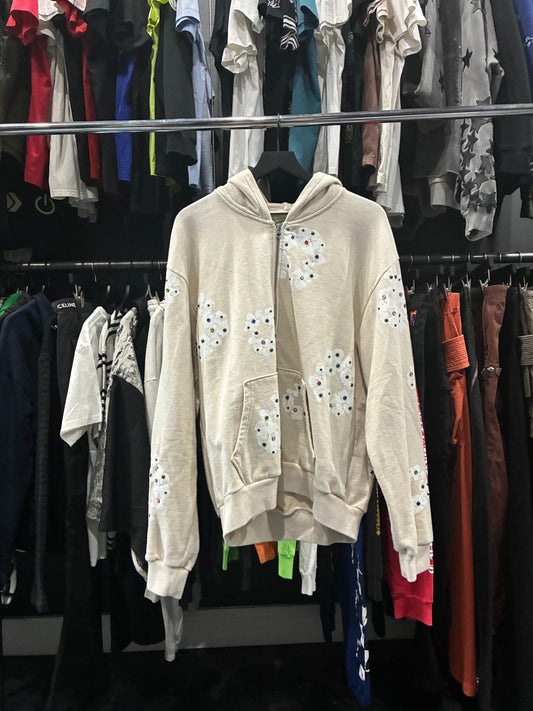 Denim Tears Cream Rhinestone Cotton Wreath Zip Hoodie